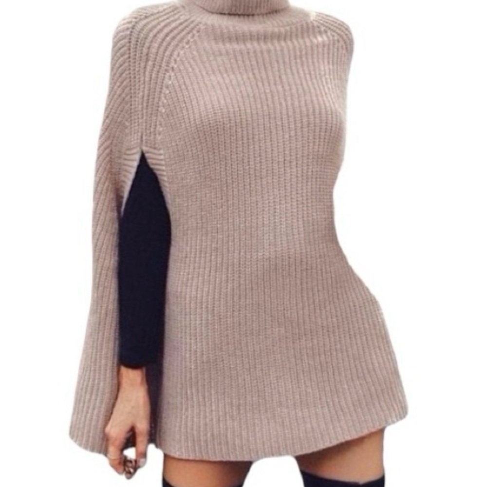 Beige knitted sweater poncho sleeveless blouse & matching long sleeve top M